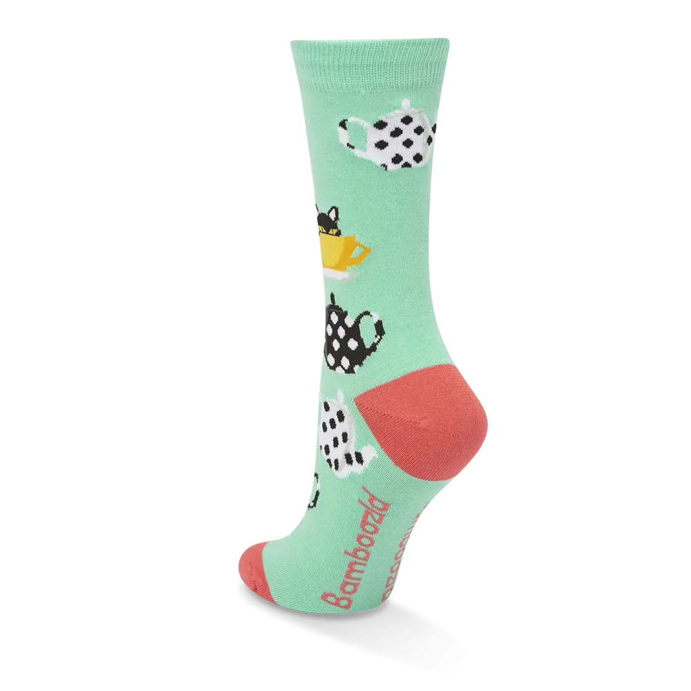 Bamboozld: Womens Kitty in a Teacup Mint Bamboo Sock