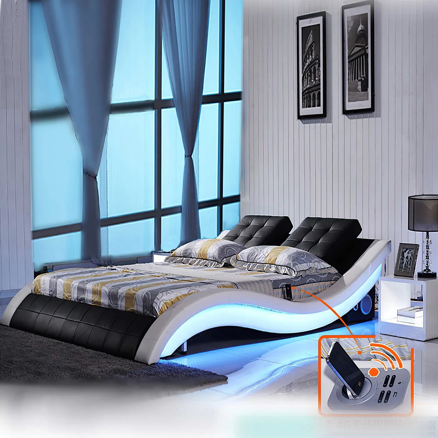 Bianca Curved Modern Leather Platform Smart Bed With LED Light