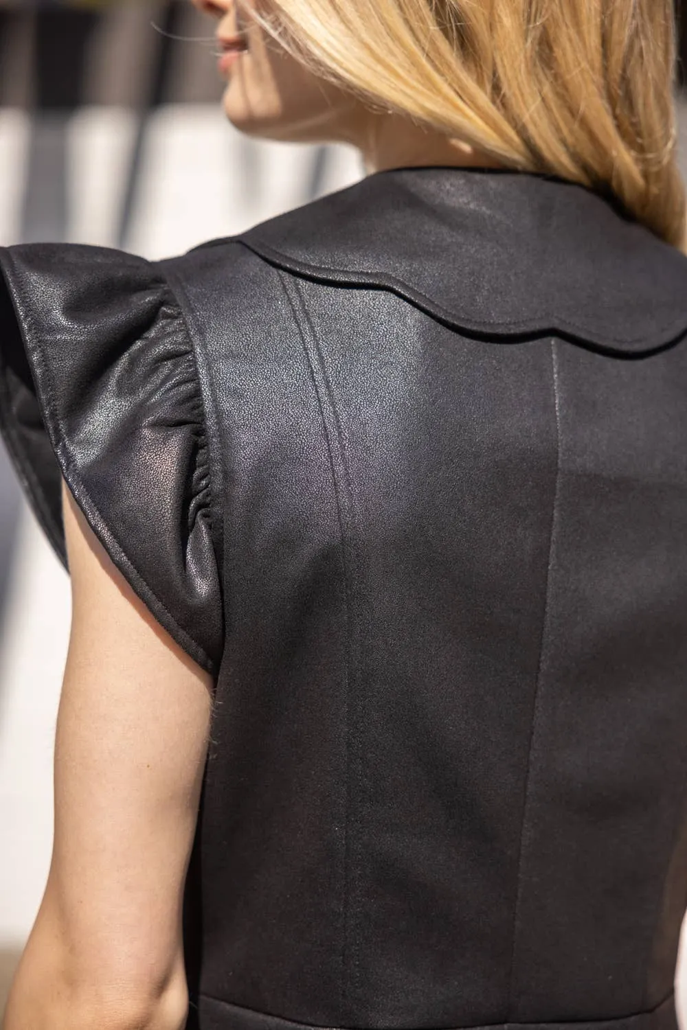 Black Faux Leather Scalloped Dress