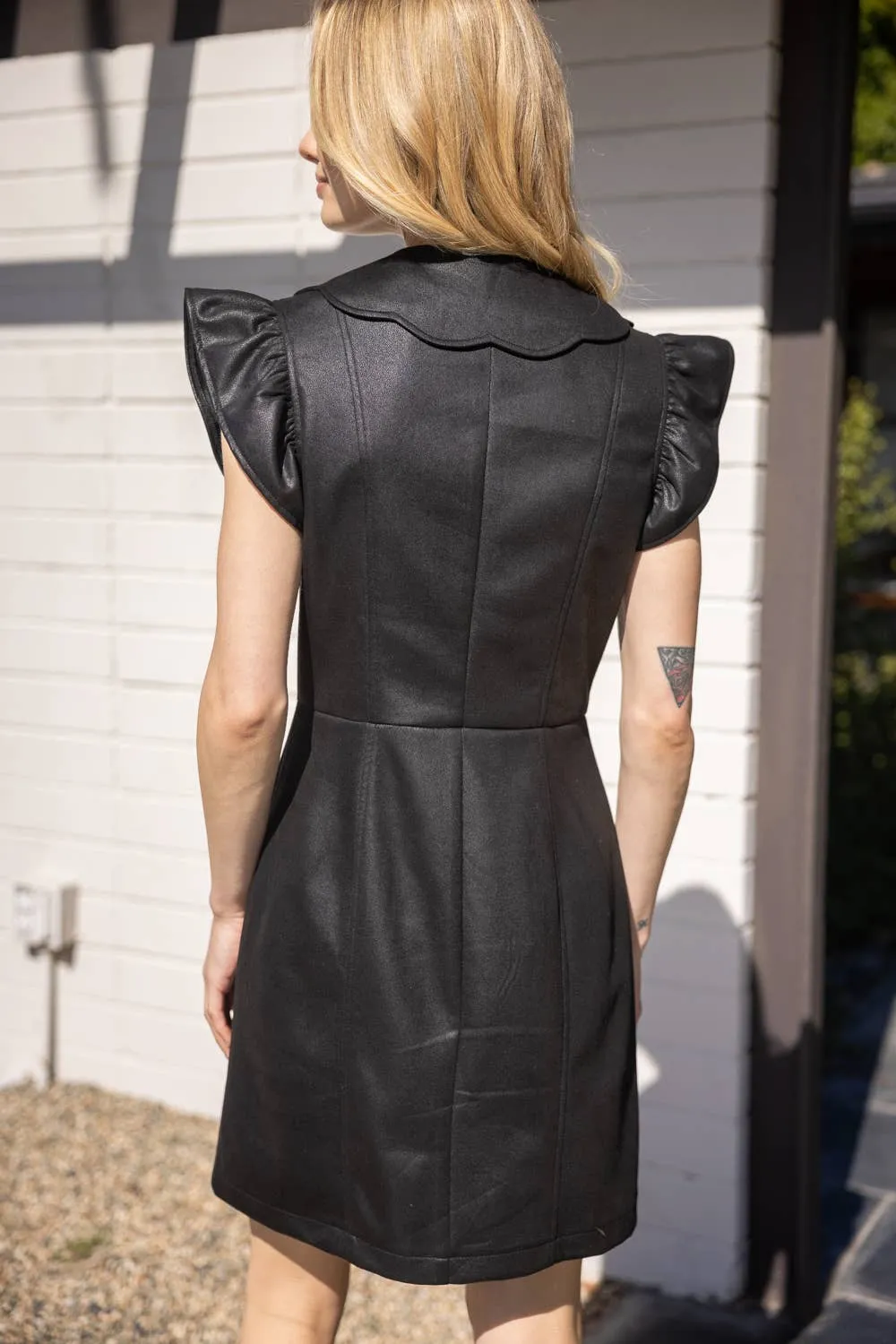 Black Faux Leather Scalloped Dress