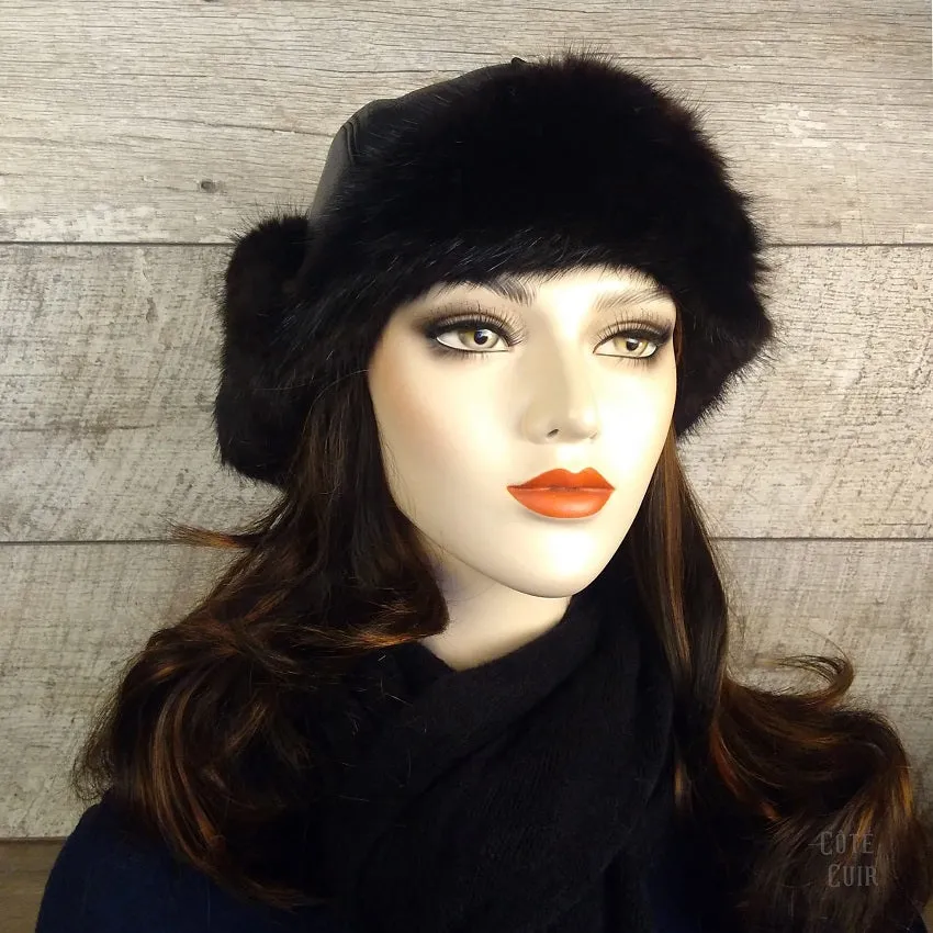 Black Mink Fur Aviator Hat, Black Leather - Simon Model