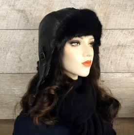 Black Mink Fur Aviator Hat, Black Leather - Simon Model