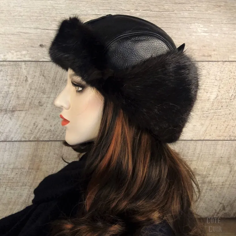 Black Mink Fur Aviator Hat, Black Leather - Simon Model