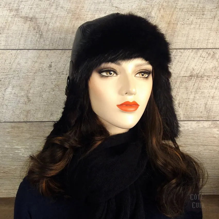 Black Mink Fur Aviator Hat, Black Leather - Simon Model