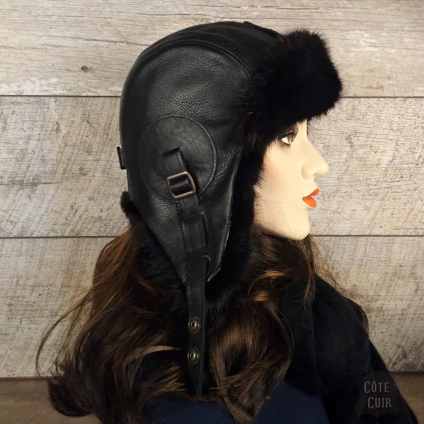 Black Mink Fur Aviator Hat, Black Leather - Simon Model