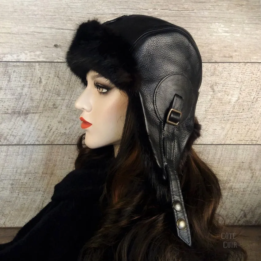 Black Mink Fur Aviator Hat, Black Leather - Simon Model