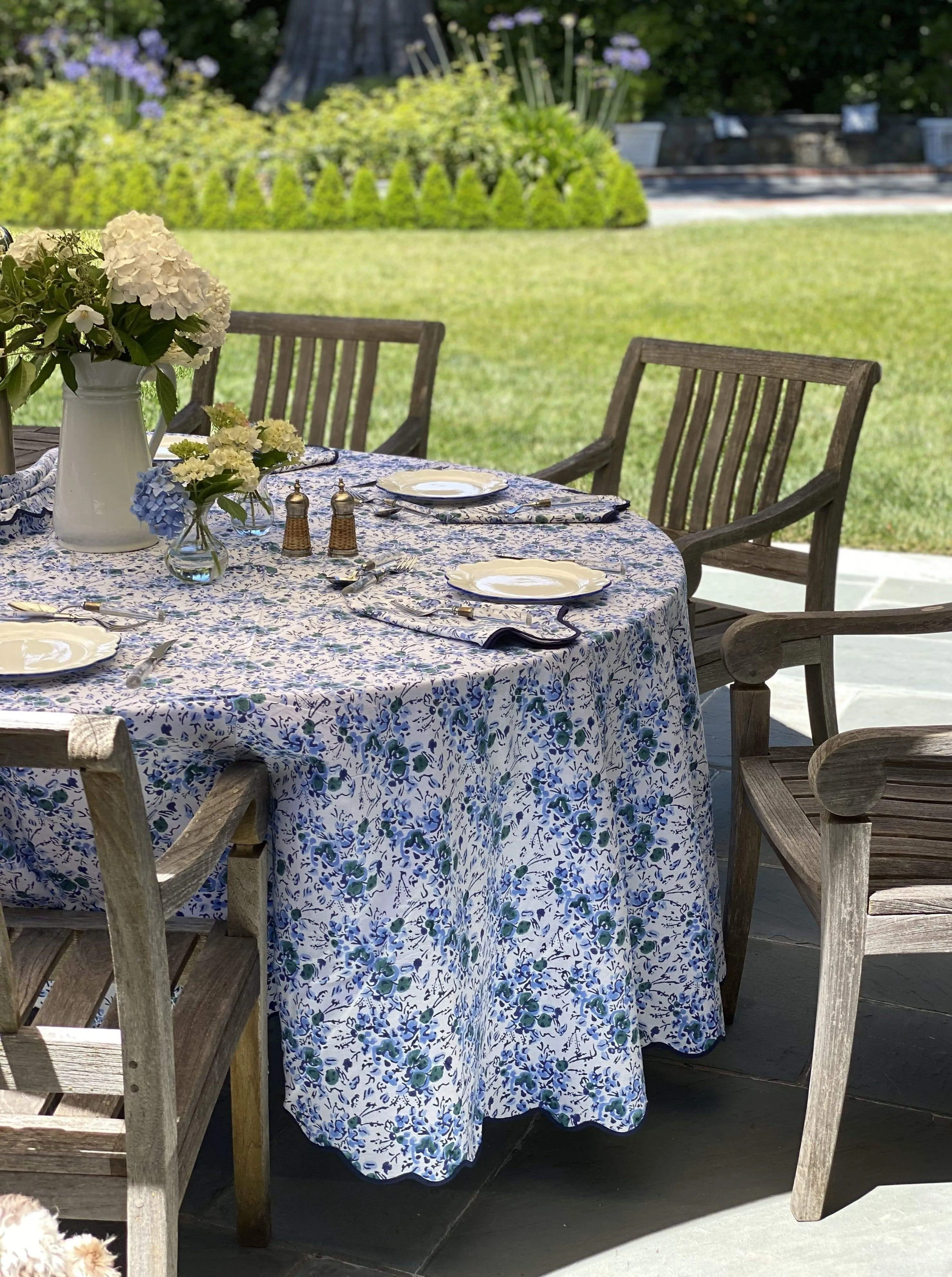 Blue Floral Scalloped Tablecloth