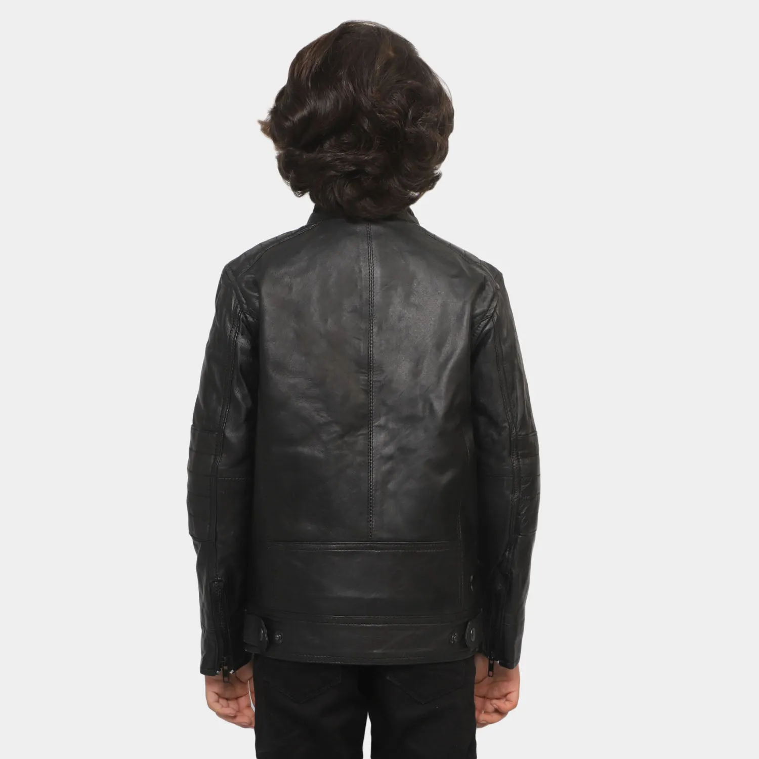 Boys Genuine  Sheep Leather Jacket Biker Sleeves-BLACK