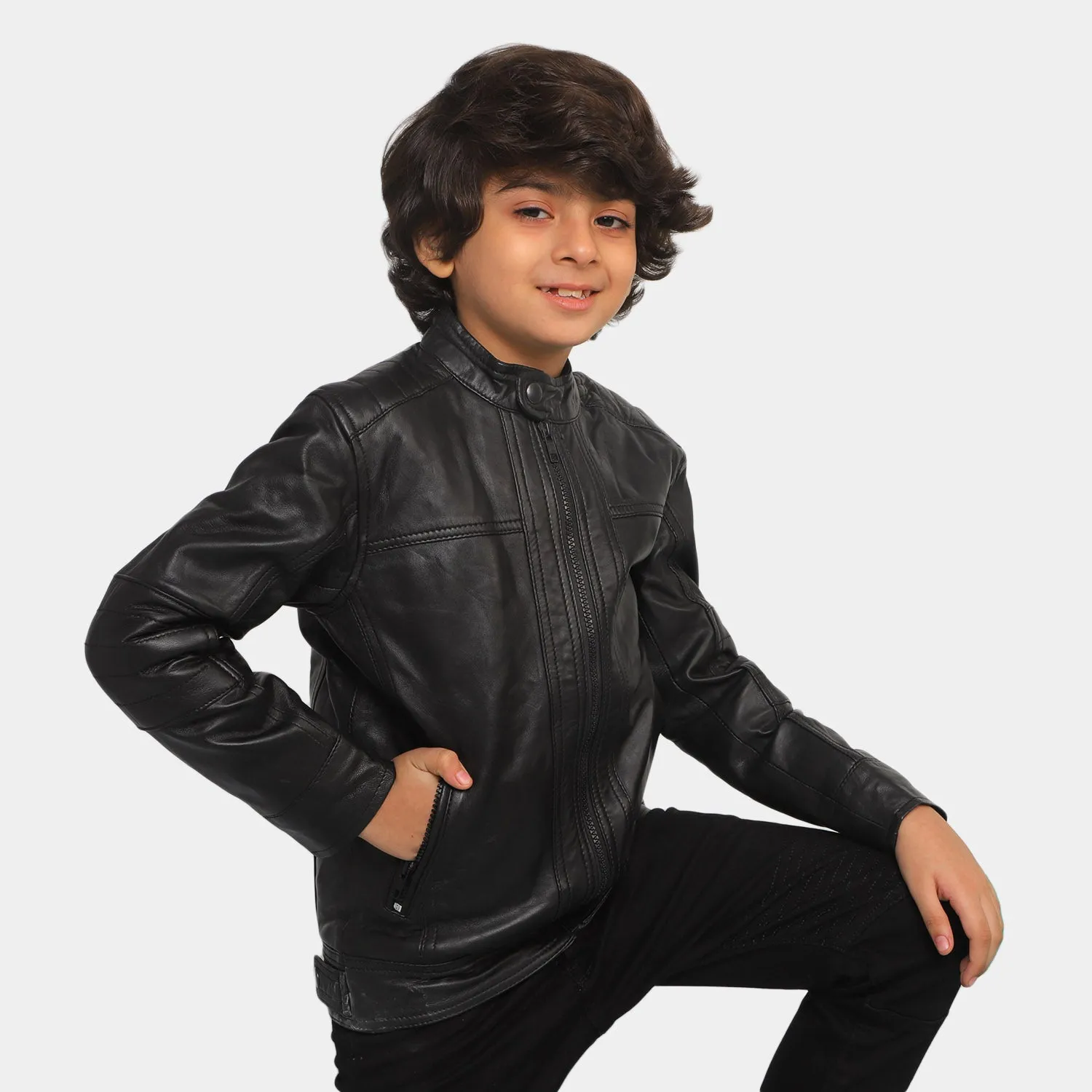 Boys Genuine  Sheep Leather Jacket Biker Sleeves-BLACK