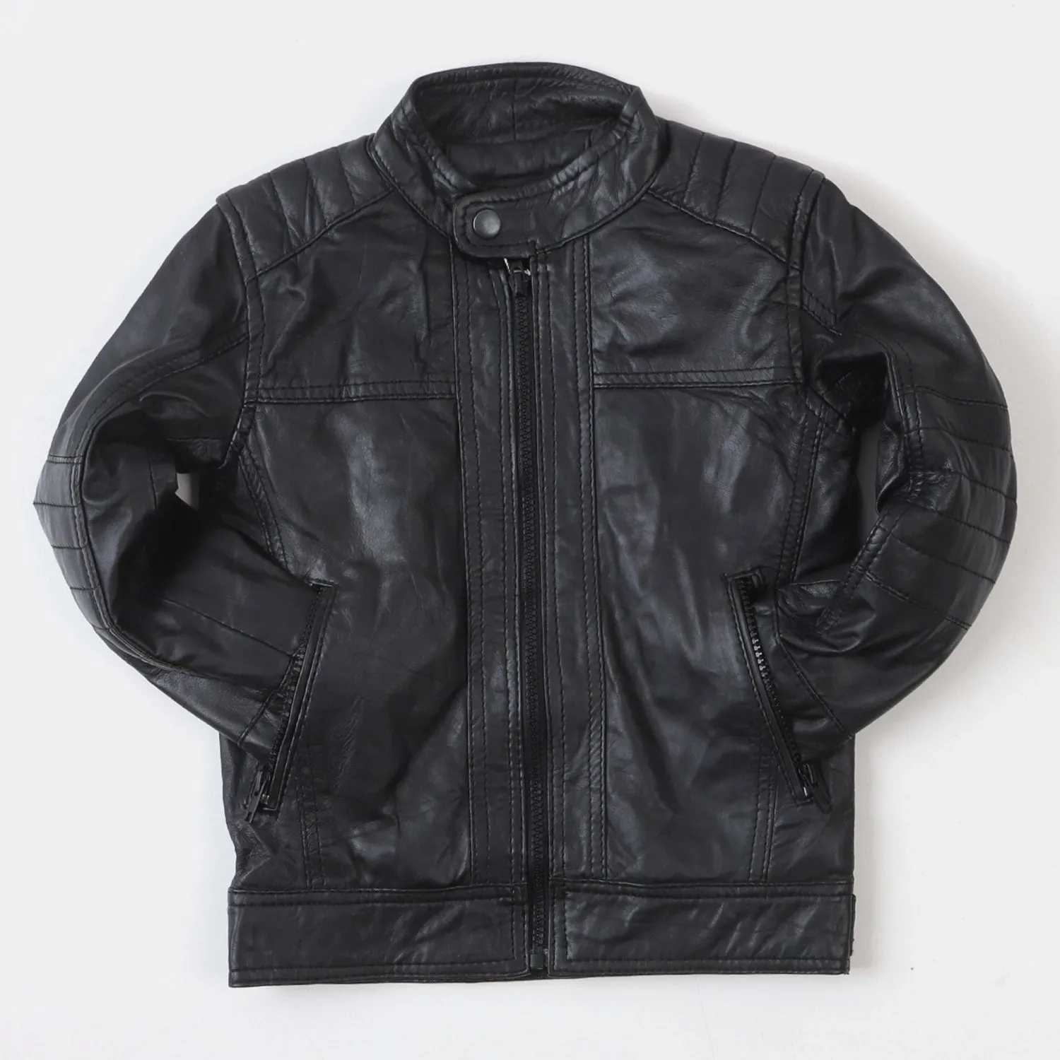 Boys Genuine  Sheep Leather Jacket Biker Sleeves-BLACK