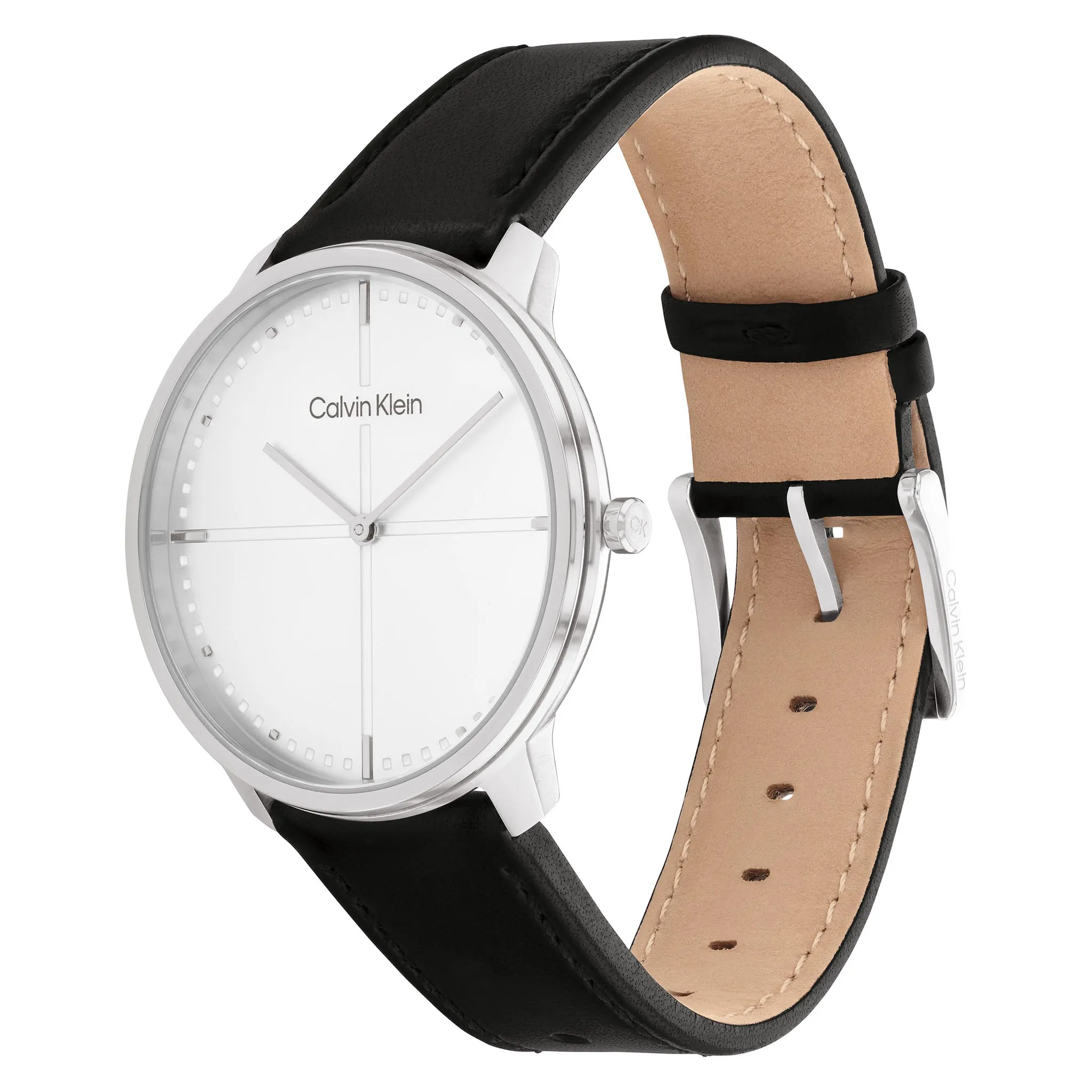 Calvin Klein Black Leather Silver White Dial Unisex Watch - 25200156