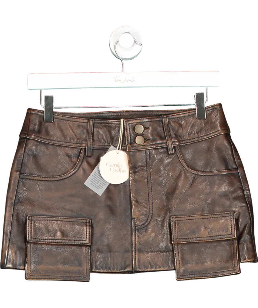 Camila Coelho Distressed Brown Real Leather Billy Mini Skirt UK XS