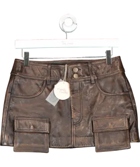 Camila Coelho Distressed Brown Real Leather Billy Mini Skirt UK XS