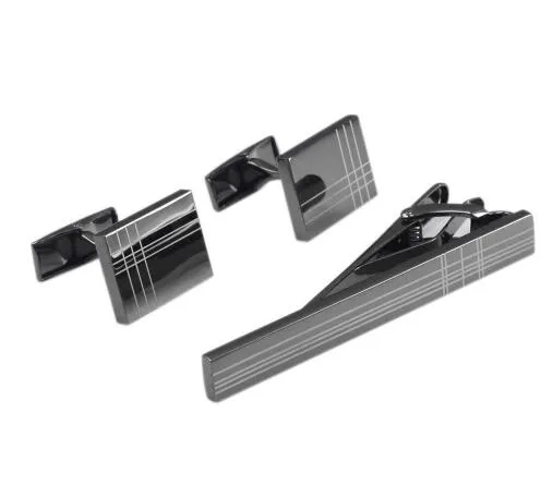 Classic Square Black Laser Stripe Men's Cufflink and Tie Clip Set