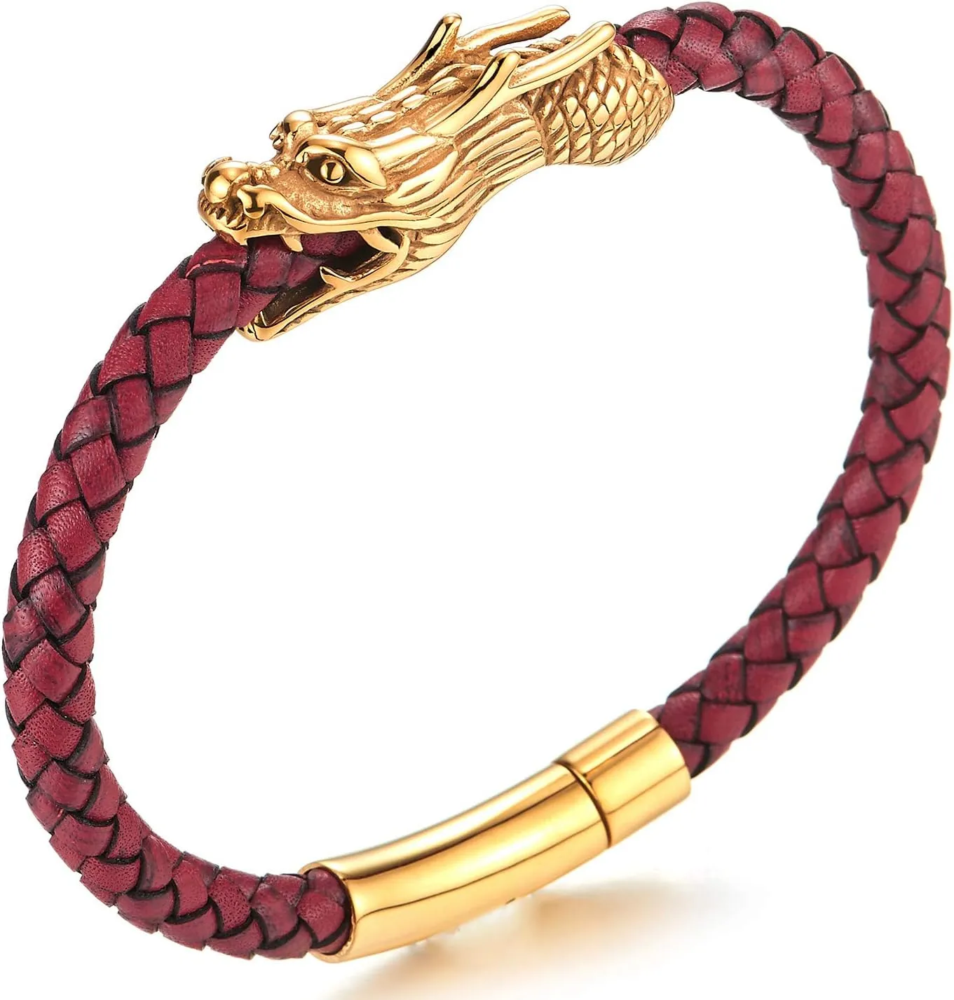 COOLSTEELANDBEYOND Vintage Stainless Steel Dragon Head Braided Leather Bangle Bracelet Wristband, Mens