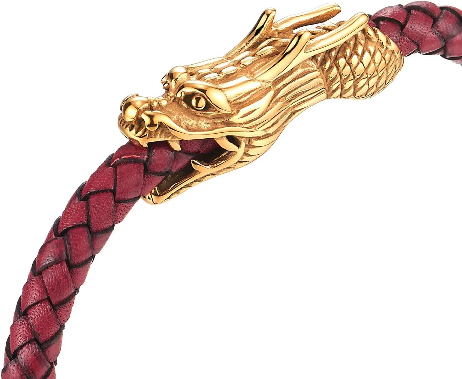 COOLSTEELANDBEYOND Vintage Stainless Steel Dragon Head Braided Leather Bangle Bracelet Wristband, Mens