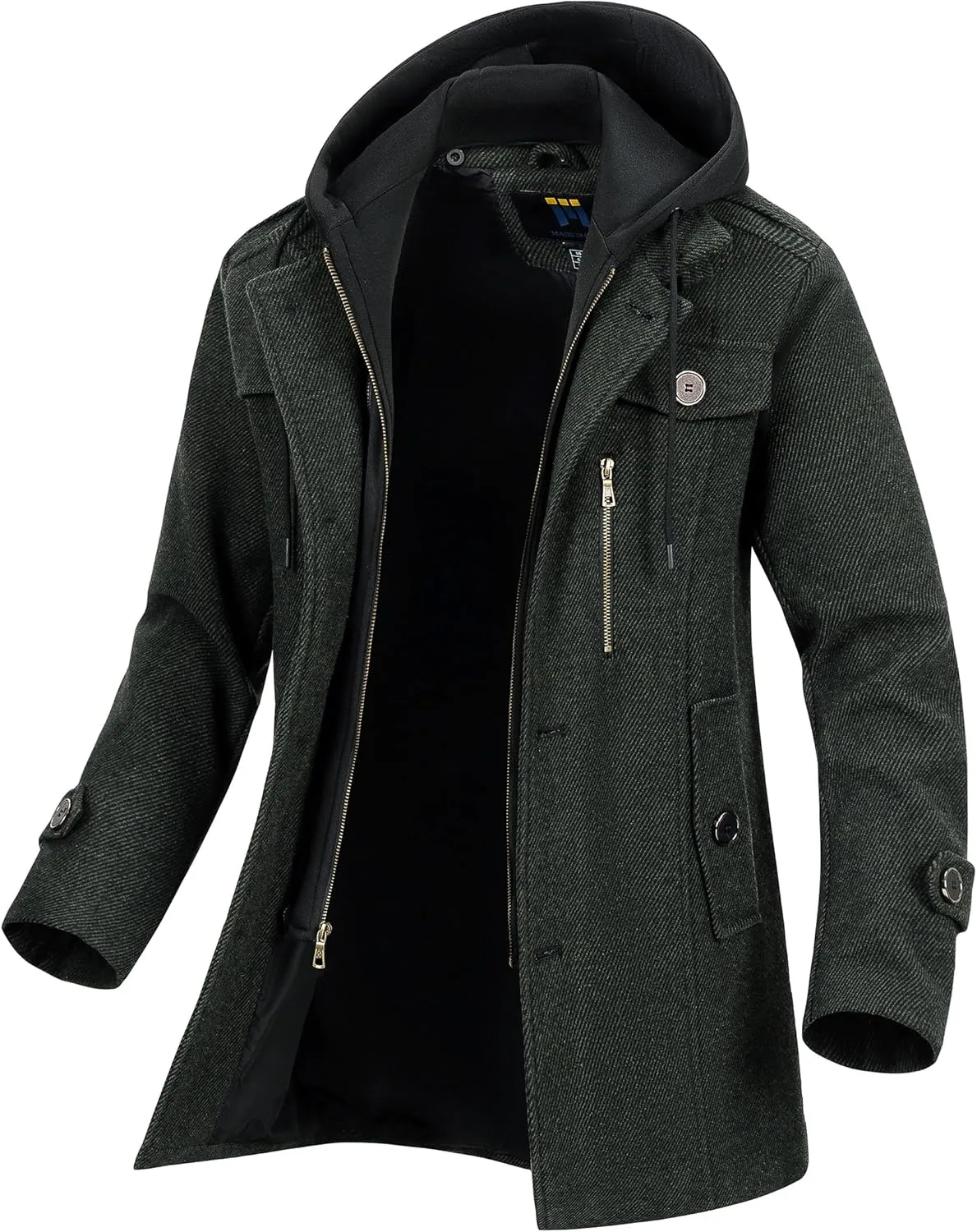 CREATMO US Men's Classic Pea Coat Wool Blend Trench Coat Windproof Business Overcoat With Detachable Hood