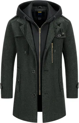 CREATMO US Men's Classic Pea Coat Wool Blend Trench Coat Windproof Business Overcoat With Detachable Hood