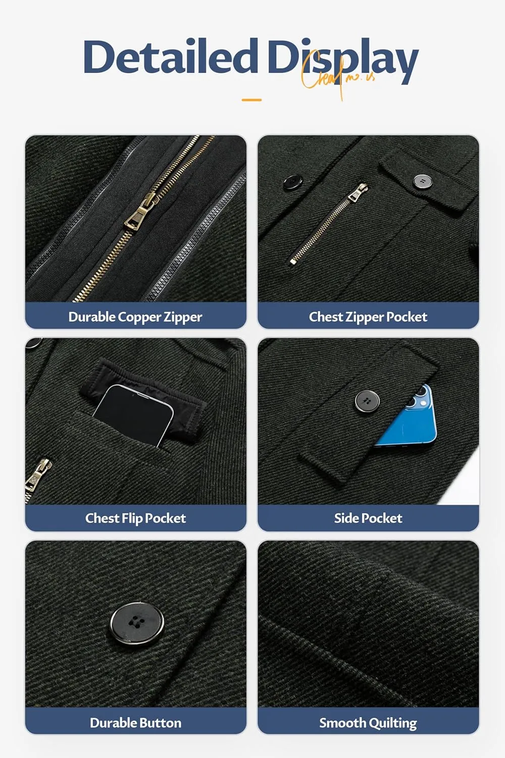 CREATMO US Men's Classic Pea Coat Wool Blend Trench Coat Windproof Business Overcoat With Detachable Hood