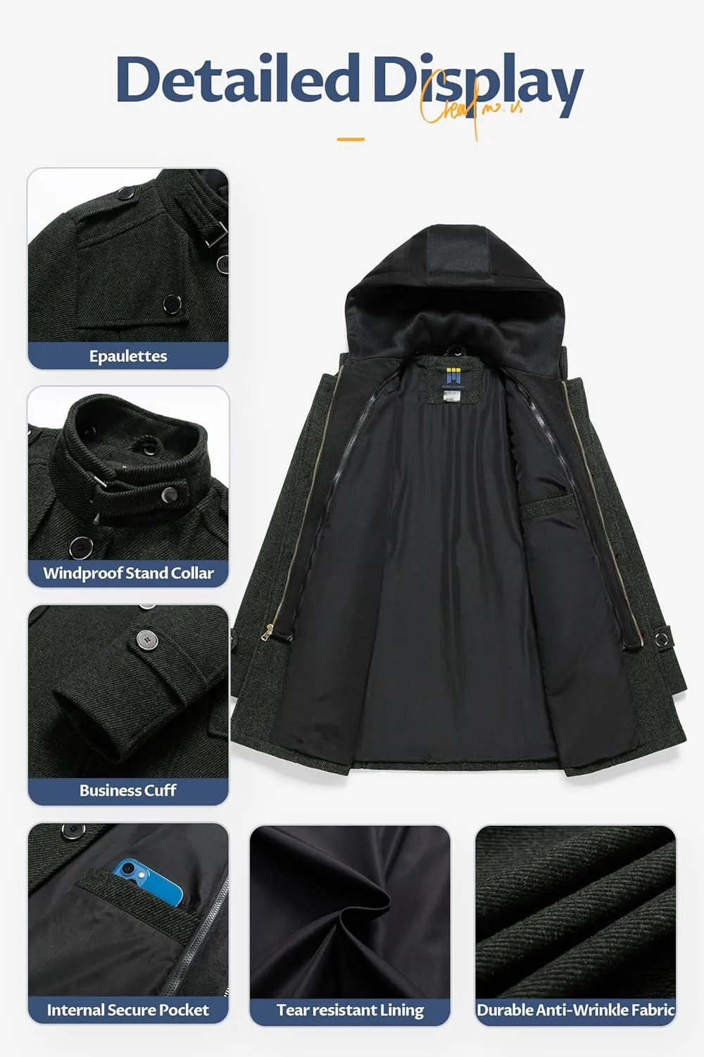 CREATMO US Men's Classic Pea Coat Wool Blend Trench Coat Windproof Business Overcoat With Detachable Hood