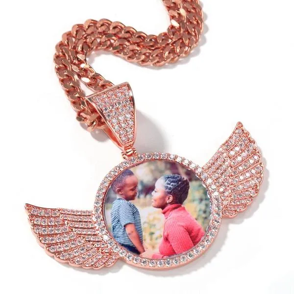 Custom 14k Gold Plated Wings Photo Medallion Necklace