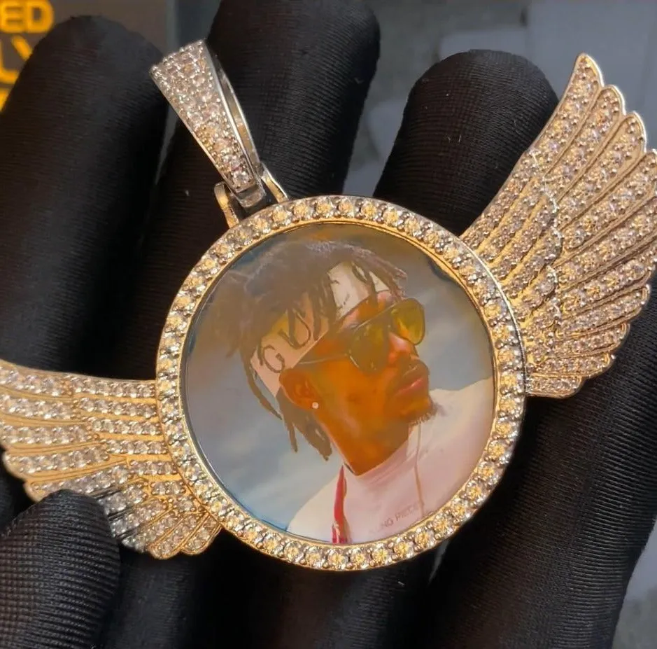 Custom 14k Gold Plated Wings Photo Medallion Necklace