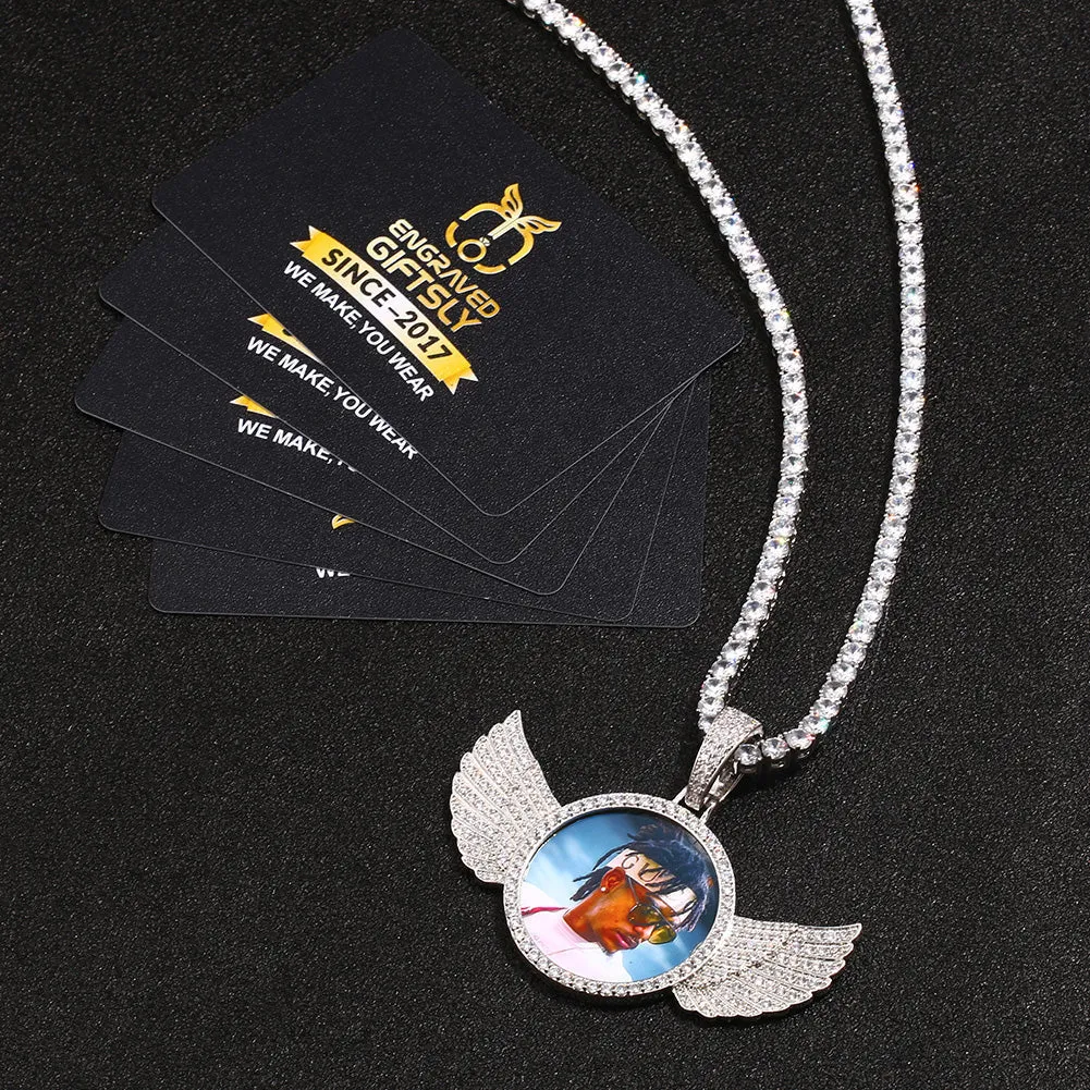 Custom 14k Gold Plated Wings Photo Medallion Necklace