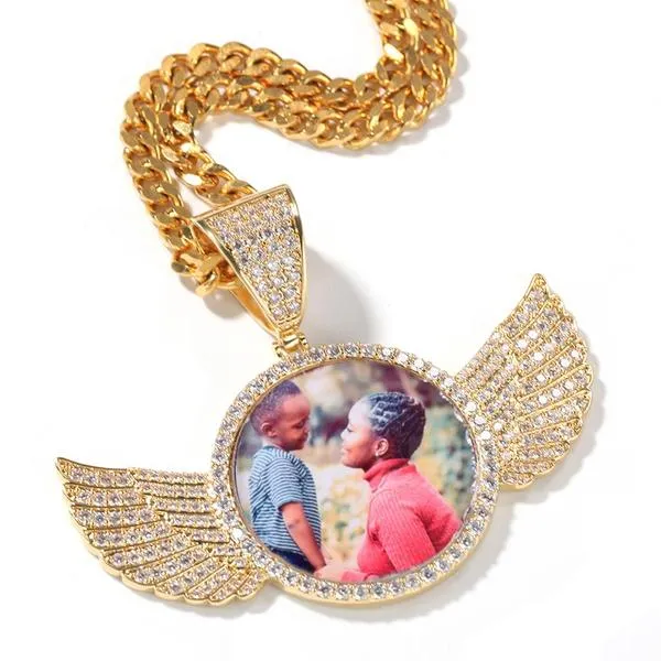 Custom 14k Gold Plated Wings Photo Medallion Necklace