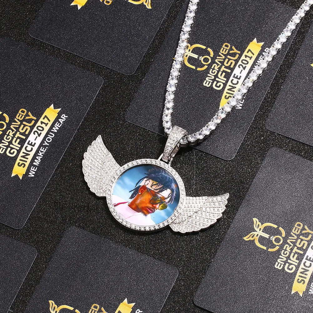 Custom 14k Gold Plated Wings Photo Medallion Necklace