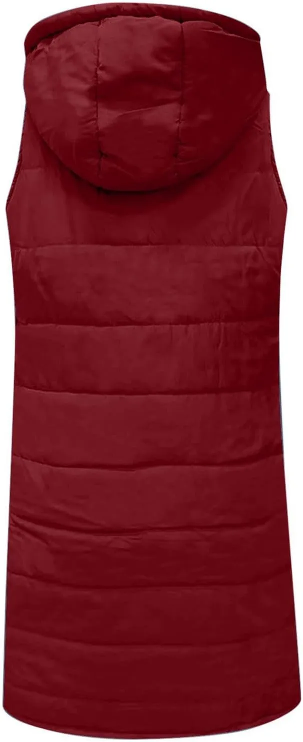 DDAPJ pyju Women's Long Puffer Vest Jacket Sleeveless Hoodies Zipper Side Quilted Coats Lightweight Padded Winter Down Coat