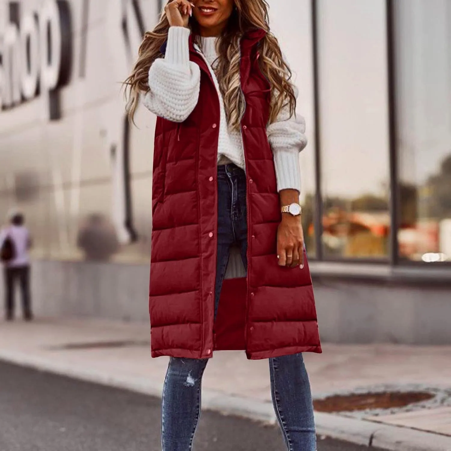 DDAPJ pyju Women's Long Puffer Vest Jacket Sleeveless Hoodies Zipper Side Quilted Coats Lightweight Padded Winter Down Coat