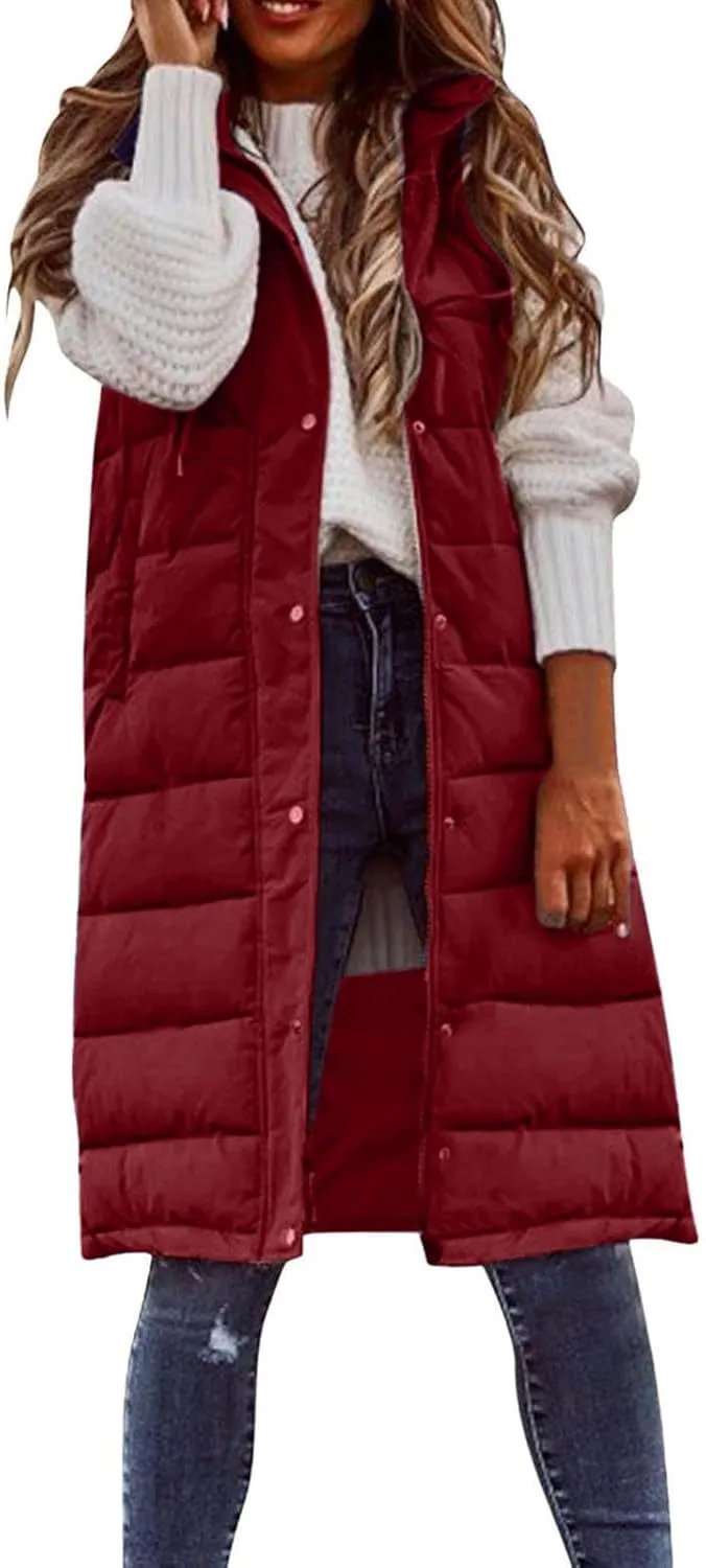 DDAPJ pyju Women's Long Puffer Vest Jacket Sleeveless Hoodies Zipper Side Quilted Coats Lightweight Padded Winter Down Coat
