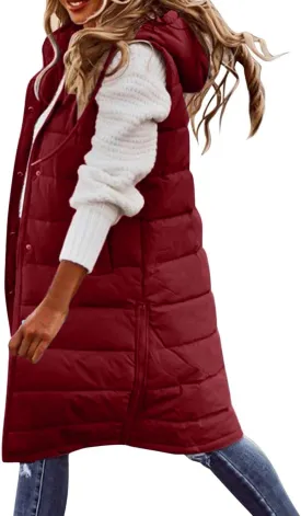 DDAPJ pyju Women's Long Puffer Vest Jacket Sleeveless Hoodies Zipper Side Quilted Coats Lightweight Padded Winter Down Coat