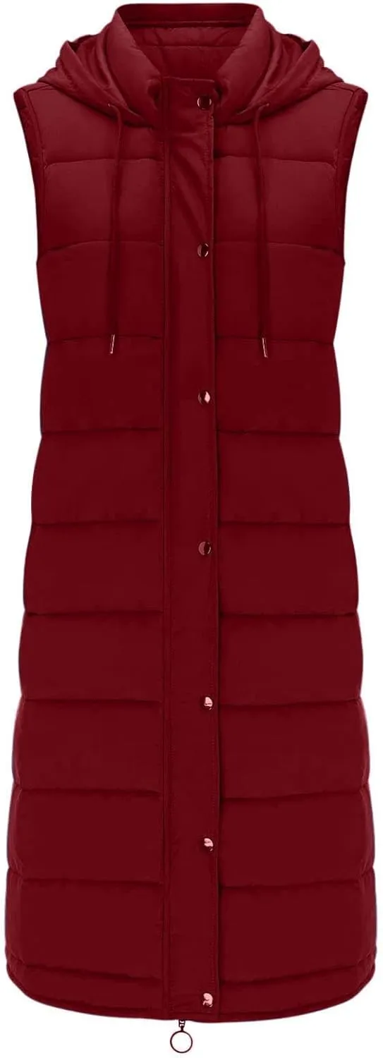 DDAPJ pyju Women's Long Puffer Vest Jacket Sleeveless Hoodies Zipper Side Quilted Coats Lightweight Padded Winter Down Coat