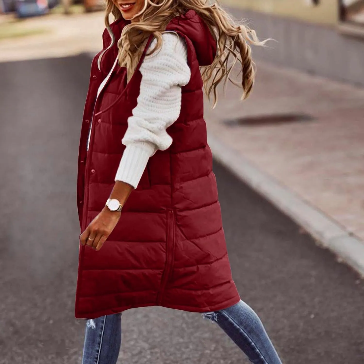 DDAPJ pyju Women's Long Puffer Vest Jacket Sleeveless Hoodies Zipper Side Quilted Coats Lightweight Padded Winter Down Coat