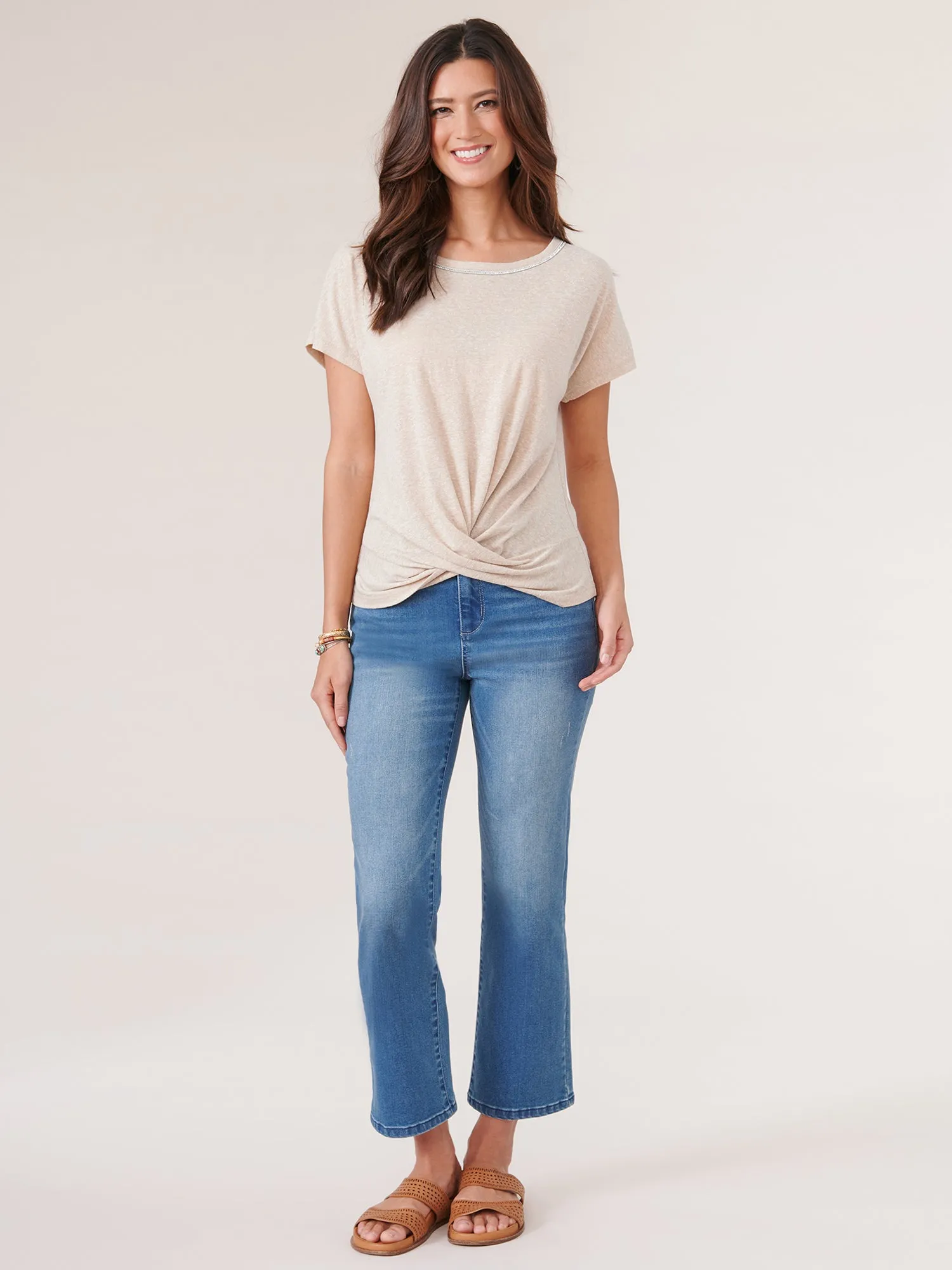 Extended Short Sleeve Scoopneck Twist Front Hem Knit Top