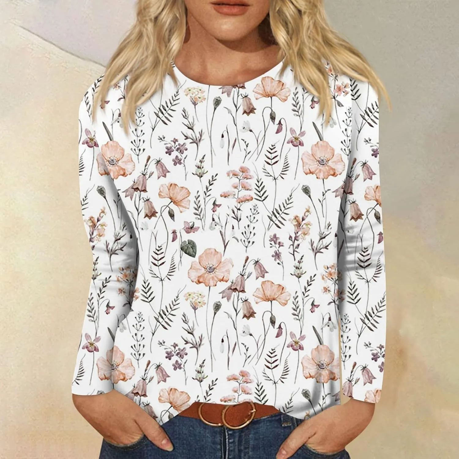 Fall Shirts for Women 2024 Dressy Casual Long Sleeve Crewneck Blouses Floral Print Tunic Tops Cotton Tshirt