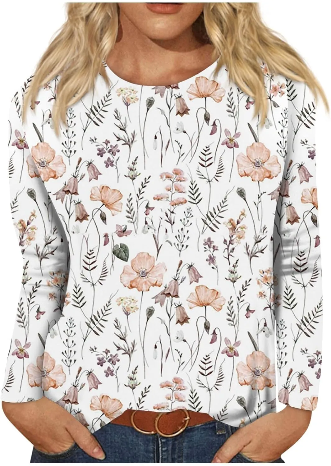 Fall Shirts for Women 2024 Dressy Casual Long Sleeve Crewneck Blouses Floral Print Tunic Tops Cotton Tshirt