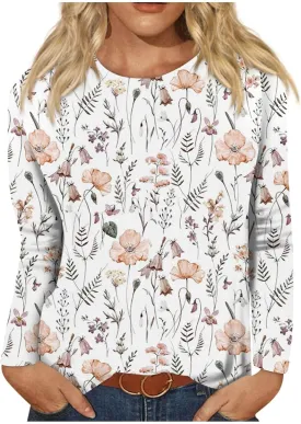 Fall Shirts for Women 2024 Dressy Casual Long Sleeve Crewneck Blouses Floral Print Tunic Tops Cotton Tshirt