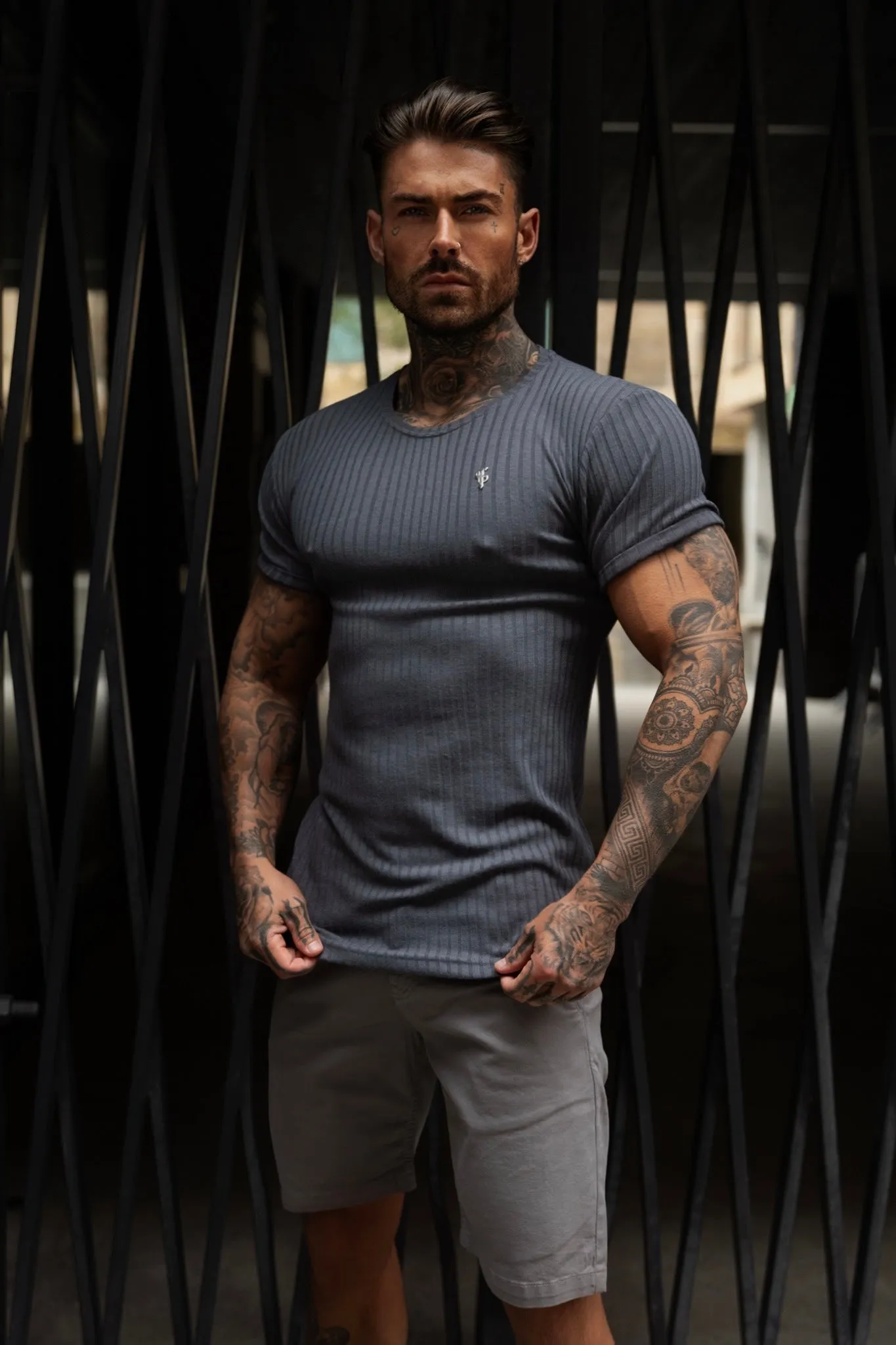 Father Sons Classic Charcoal / Silver Ribbed Knit Super Slim Short Sleeve Crew - FSH1084
