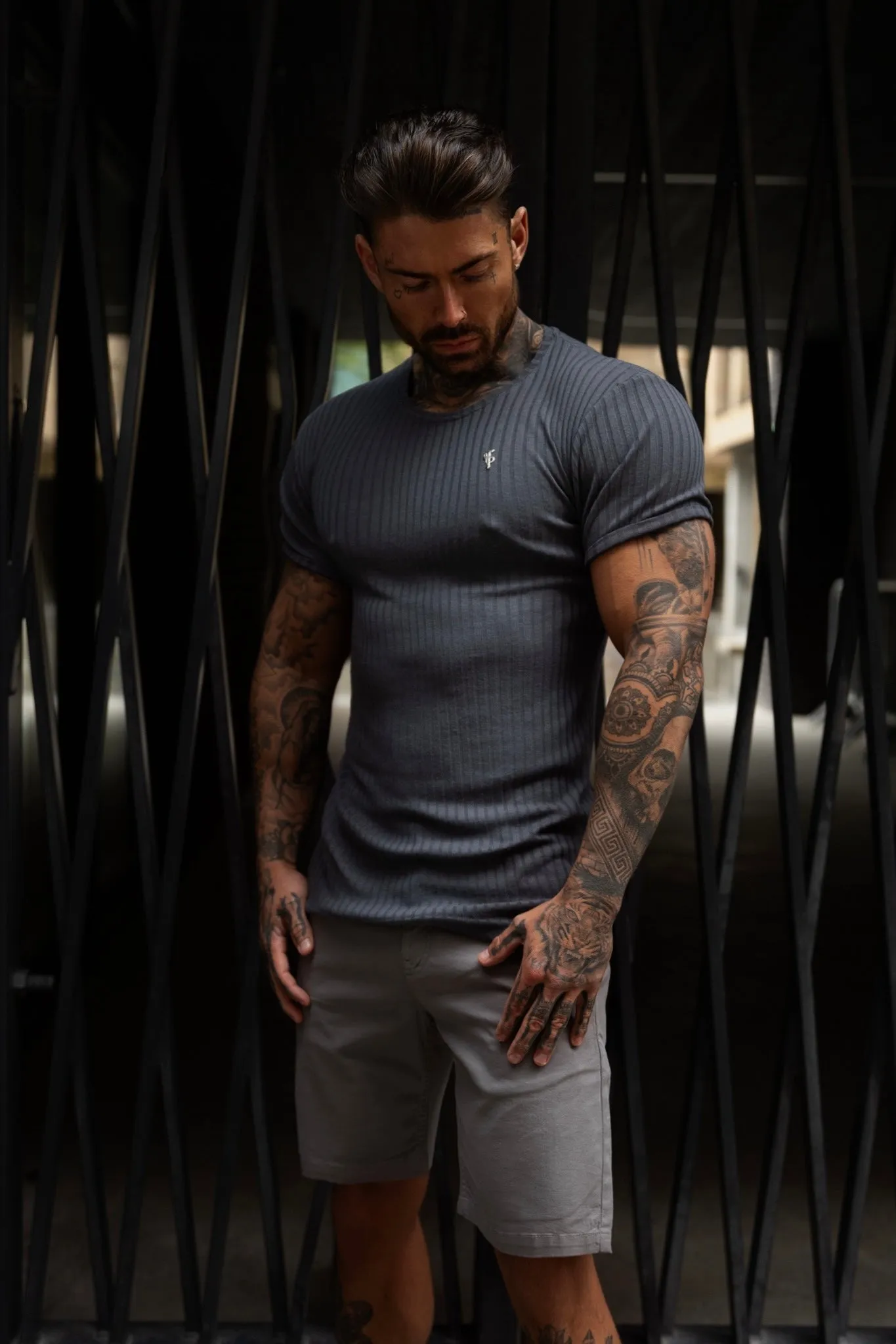 Father Sons Classic Charcoal / Silver Ribbed Knit Super Slim Short Sleeve Crew - FSH1084