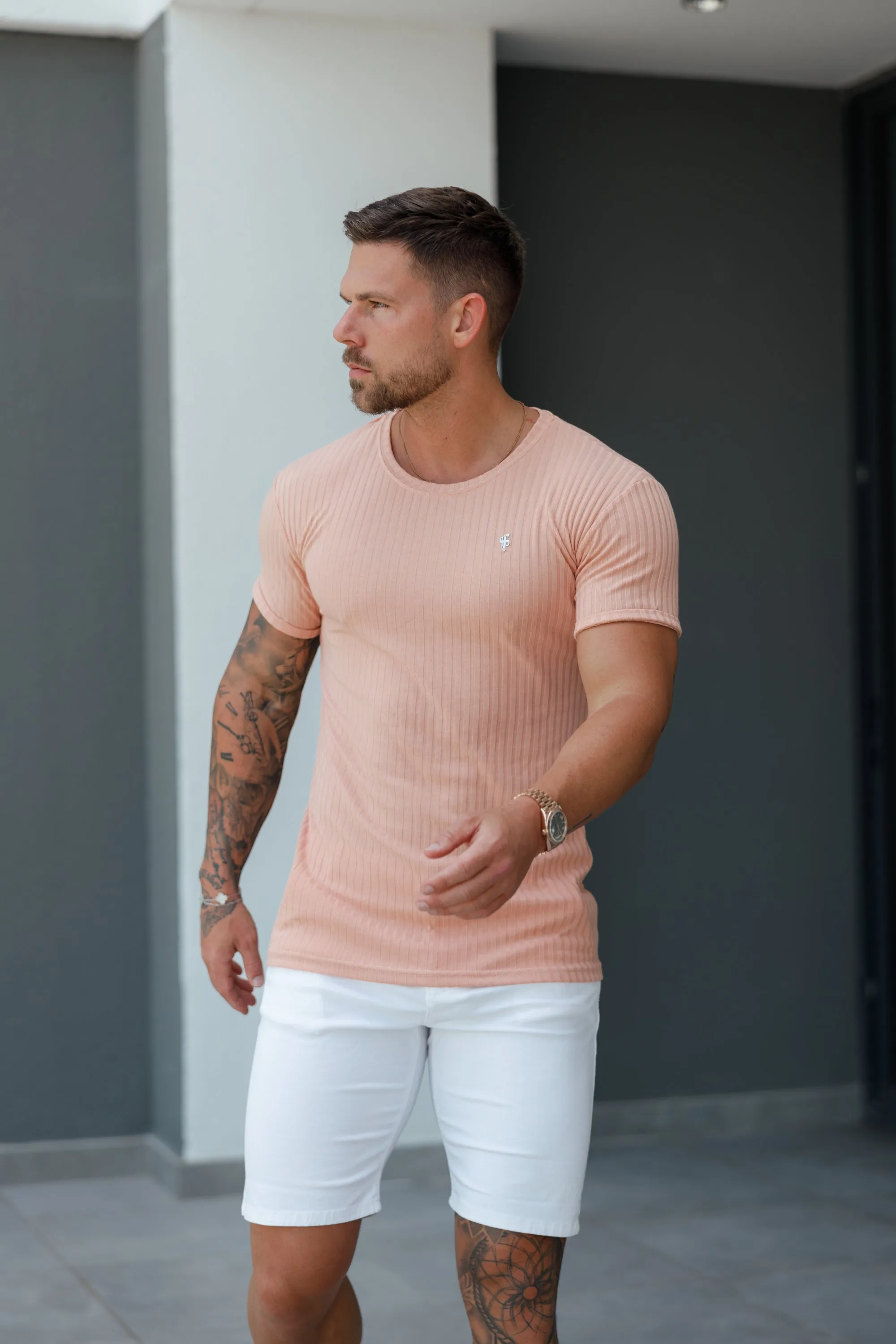 Father Sons Classic Peach / Silver Ribbed Knit Super Slim Short Sleeve Crew - FSH1093