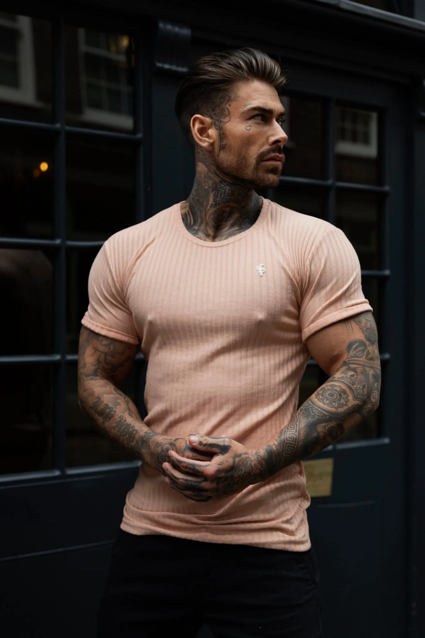 Father Sons Classic Peach / Silver Ribbed Knit Super Slim Short Sleeve Crew - FSH1093