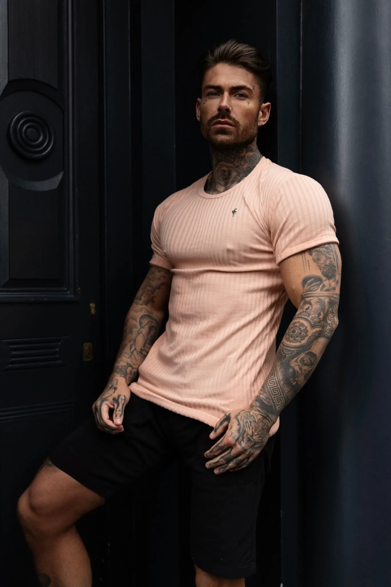 Father Sons Classic Peach / Silver Ribbed Knit Super Slim Short Sleeve Crew - FSH1093