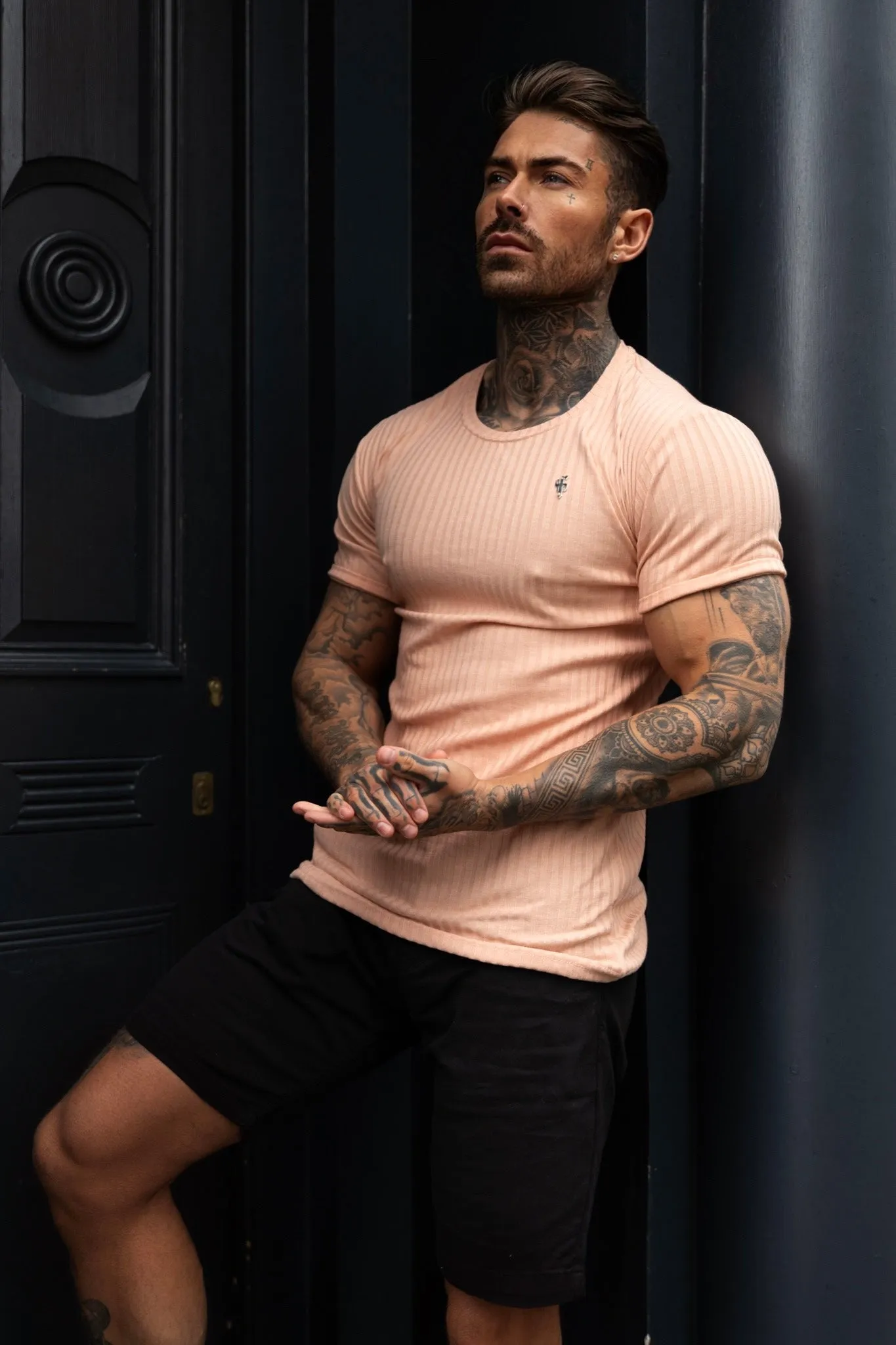 Father Sons Classic Peach / Silver Ribbed Knit Super Slim Short Sleeve Crew - FSH1093