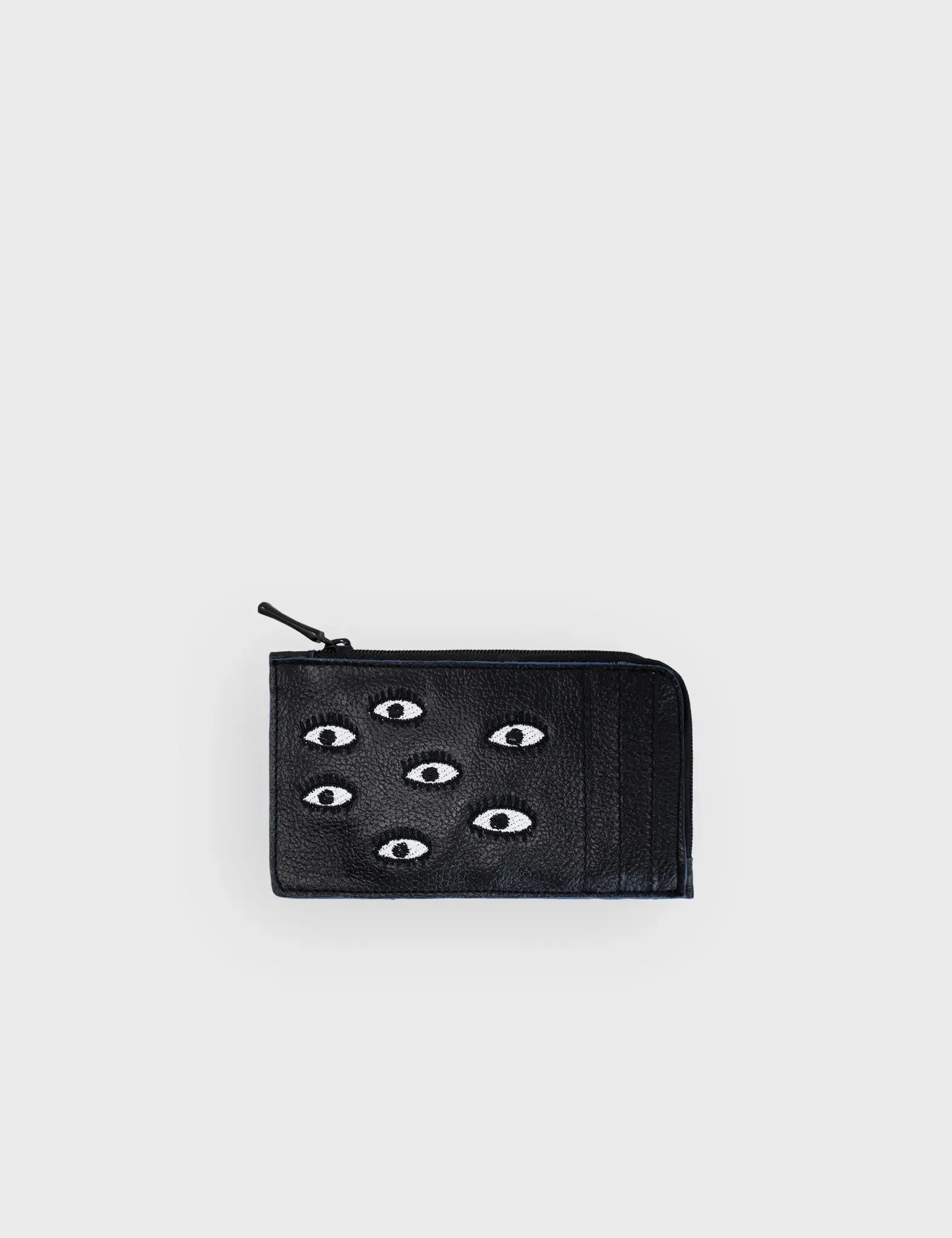 Fausto Black Leather Zip-around Cardholder - All Over Eyes Embroidery