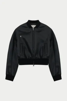 FAUX LEATHER SHOULDER PADDED BOMBER JACKET - BLACK