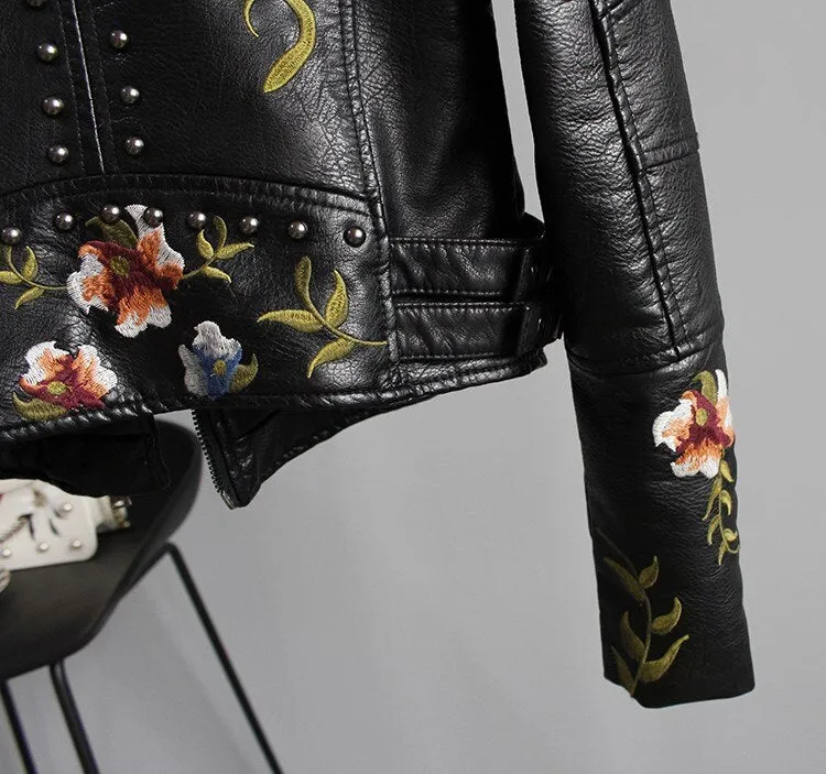 Floral Embroidery Faux Leather Jacket