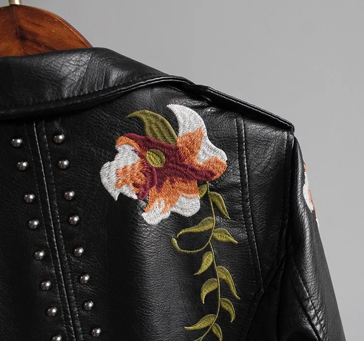 Floral Embroidery Faux Leather Jacket