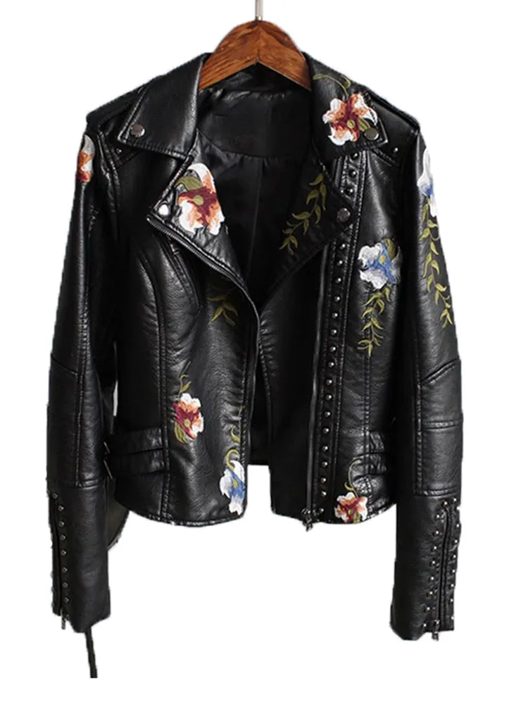 Floral Embroidery Faux Leather Jacket
